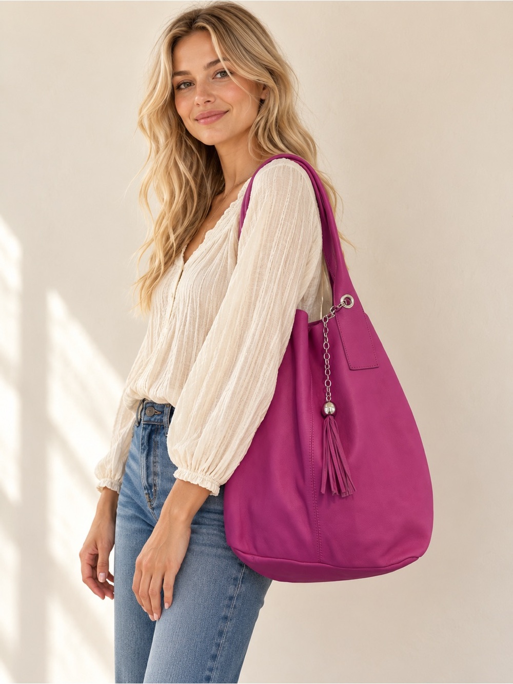 Nardelli Leather Everyday Tassel Hobo Shoulder Bag in Magenta